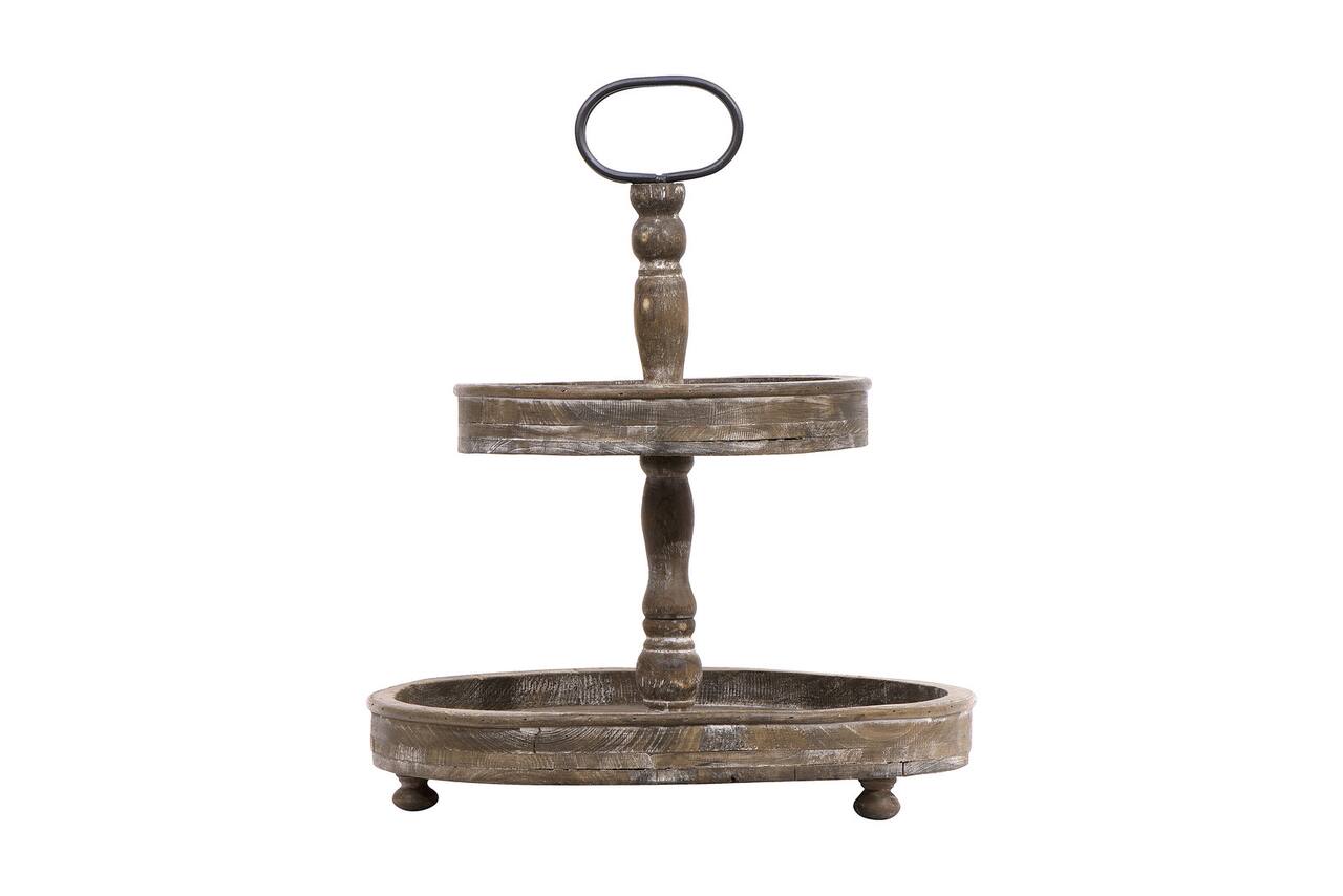 Hello Honey® 18.5" Distressed Brown Wooden 2-Tier Tray with Metal Handle